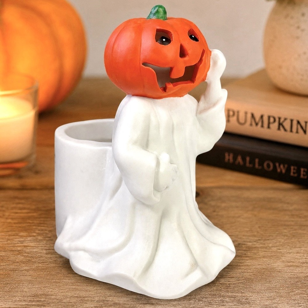 New Holland Floral Pumpkin Head Ghost Halloween Ceramic Planter Jack O Lantern